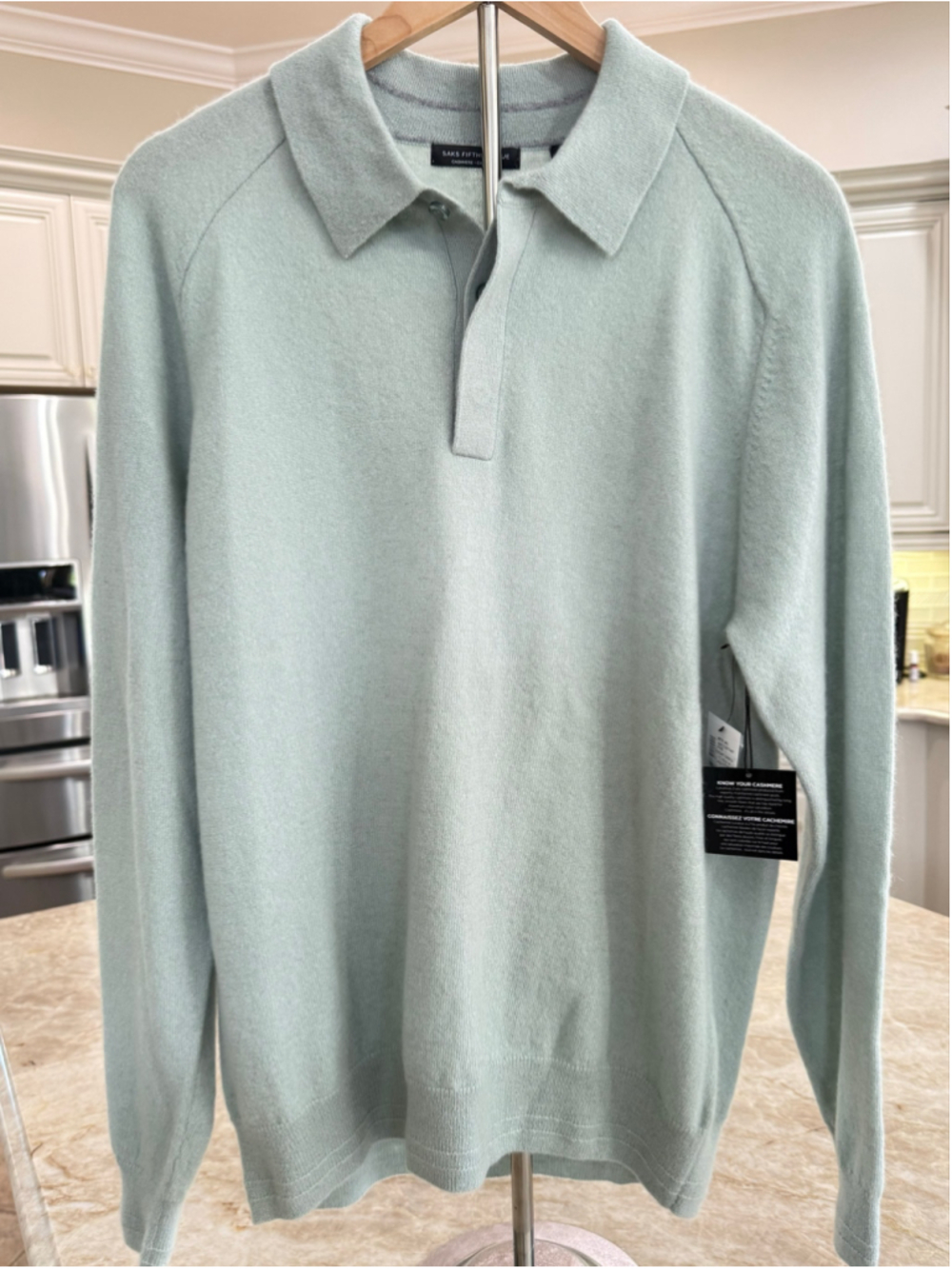 Saks Fifth Avenue Cashmere Polo Shirt, Sage, Size L